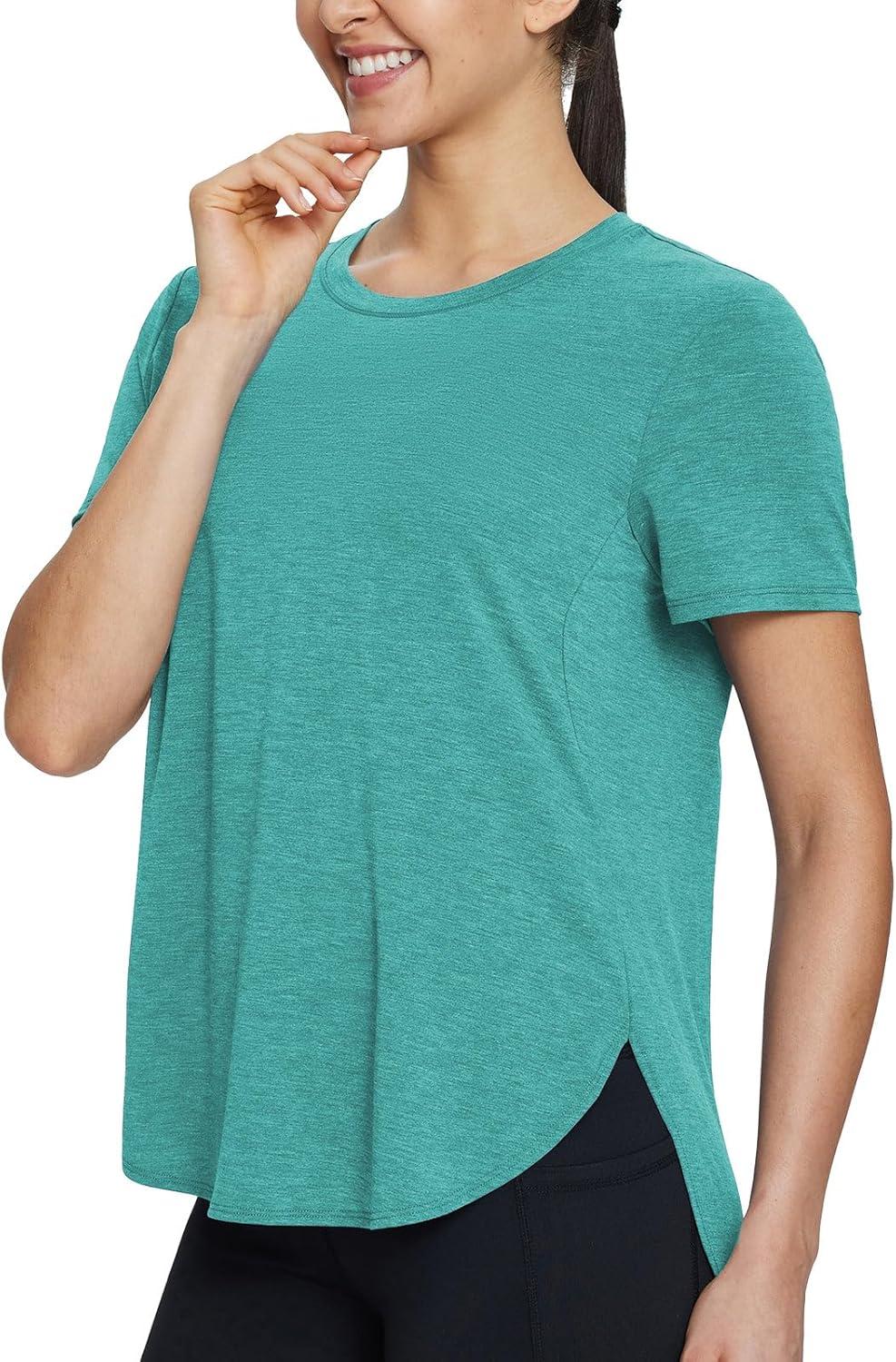 imagebaleaf Womens Short Sleeve Workout Shirts Tops Athletic Yoga Running Shirts Loose Fit with Side Slits Quick Dry TShirtsHeather Green