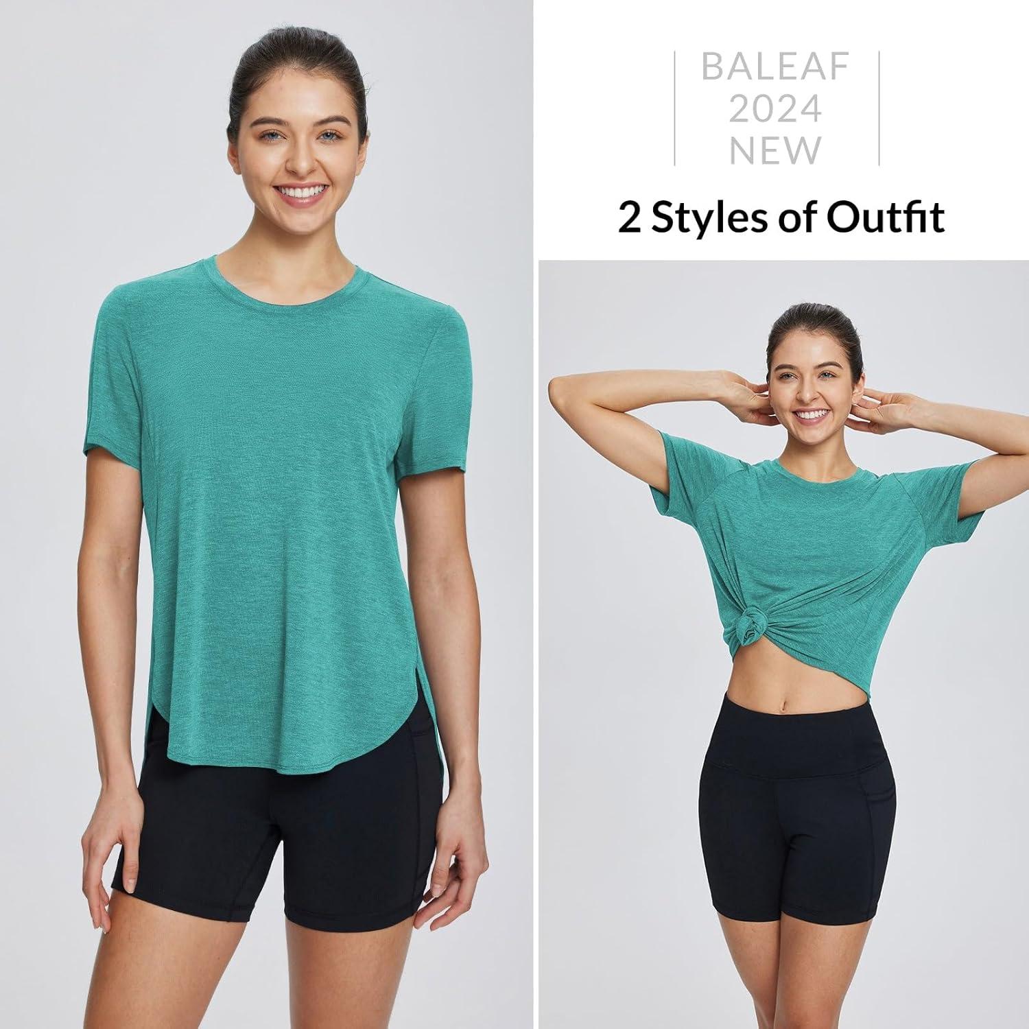 imagebaleaf Womens Short Sleeve Workout Shirts Tops Athletic Yoga Running Shirts Loose Fit with Side Slits Quick Dry TShirtsHeather Green