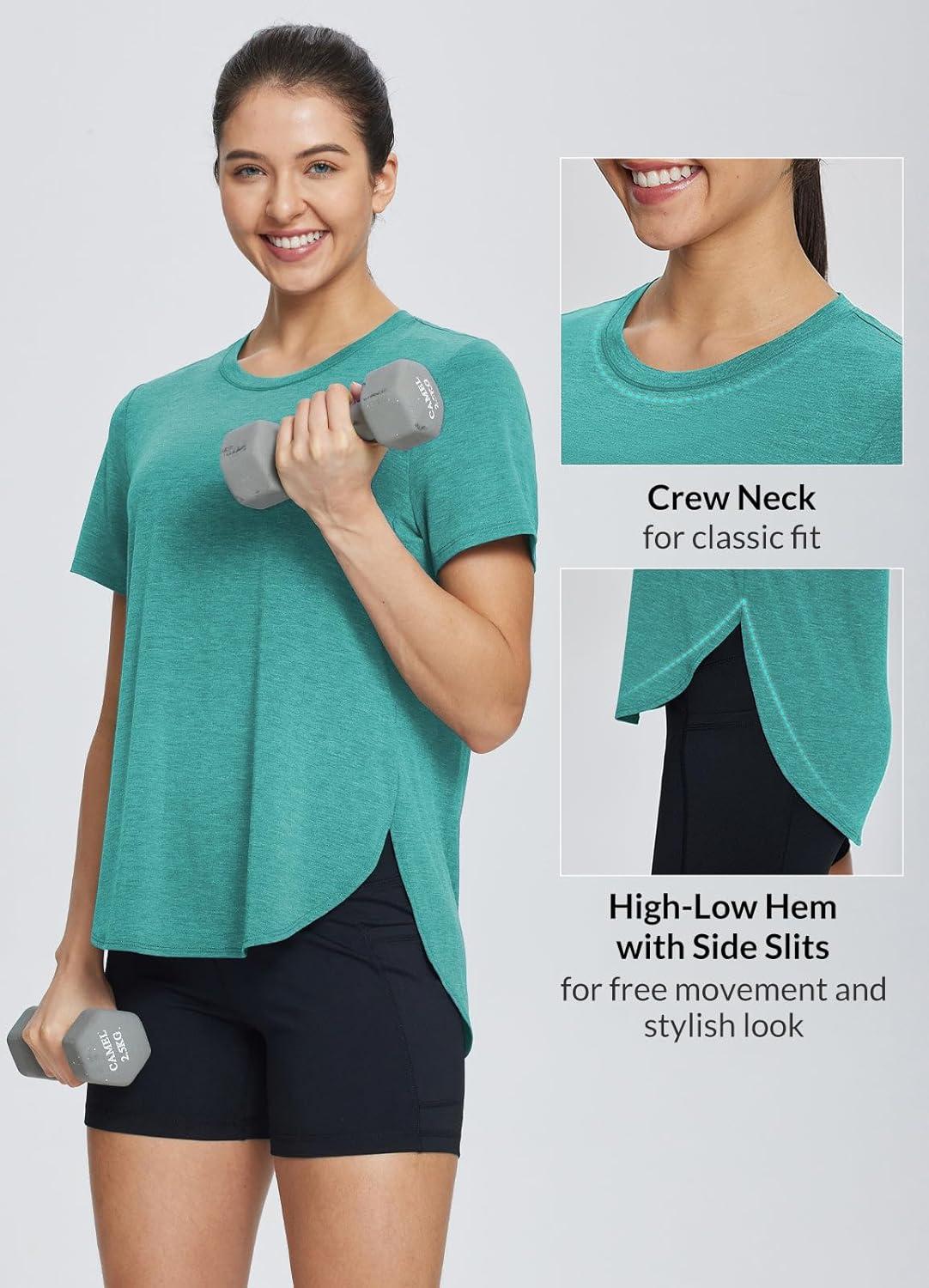 imagebaleaf Womens Short Sleeve Workout Shirts Tops Athletic Yoga Running Shirts Loose Fit with Side Slits Quick Dry TShirtsHeather Green