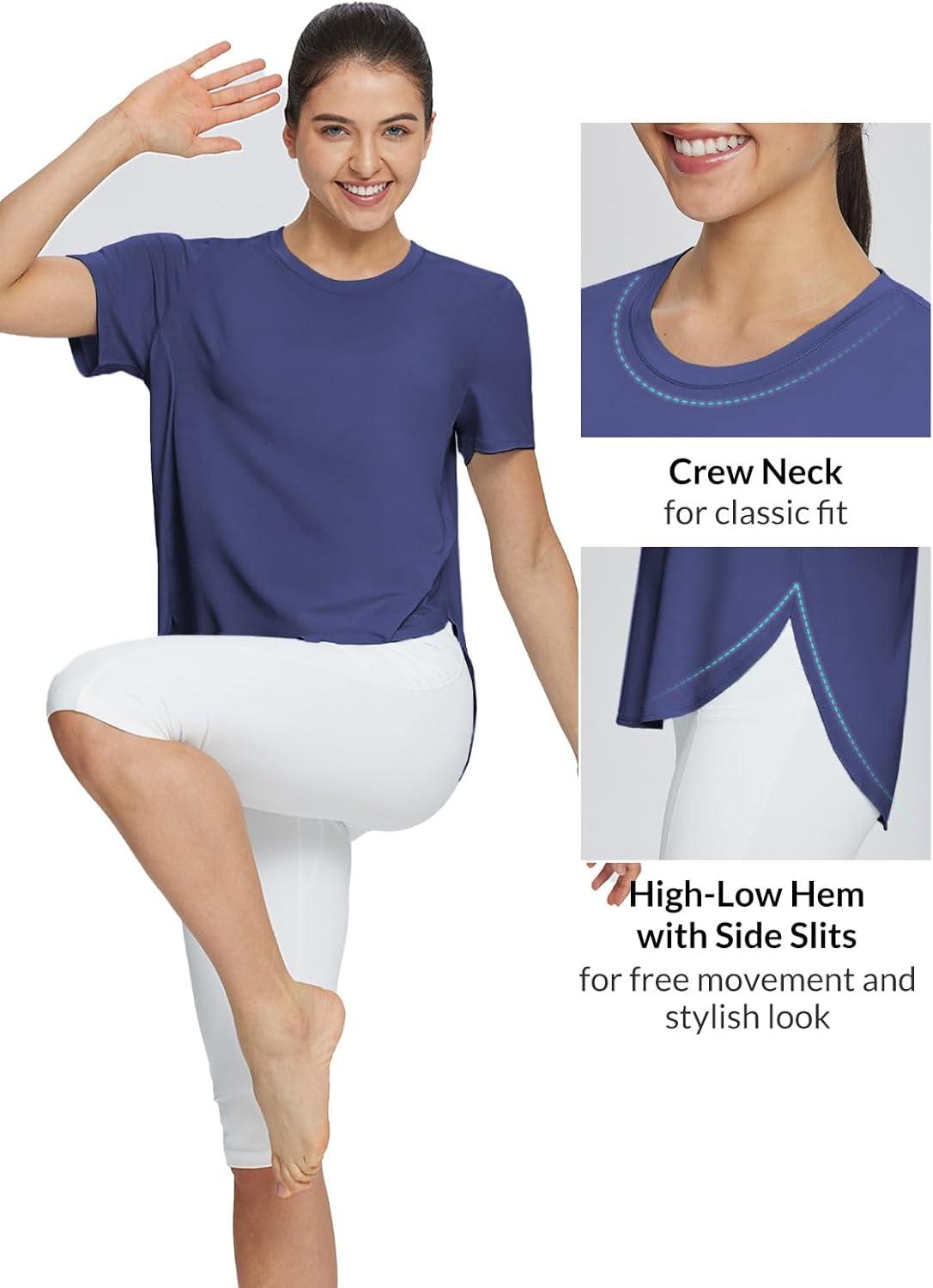 imagebaleaf Womens Short Sleeve Workout Shirts Tops Athletic Yoga Running Shirts Loose Fit with Side Slits Quick Dry TShirtsNavy Blue