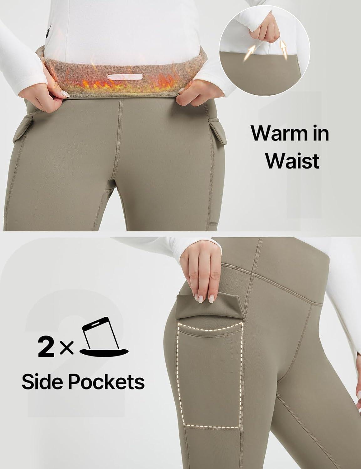 imagebaleaf Womens Thick Fleece Lined Leggings Winter Snow Pants Warm Thermal High Waisted Ski LeggingKhaki