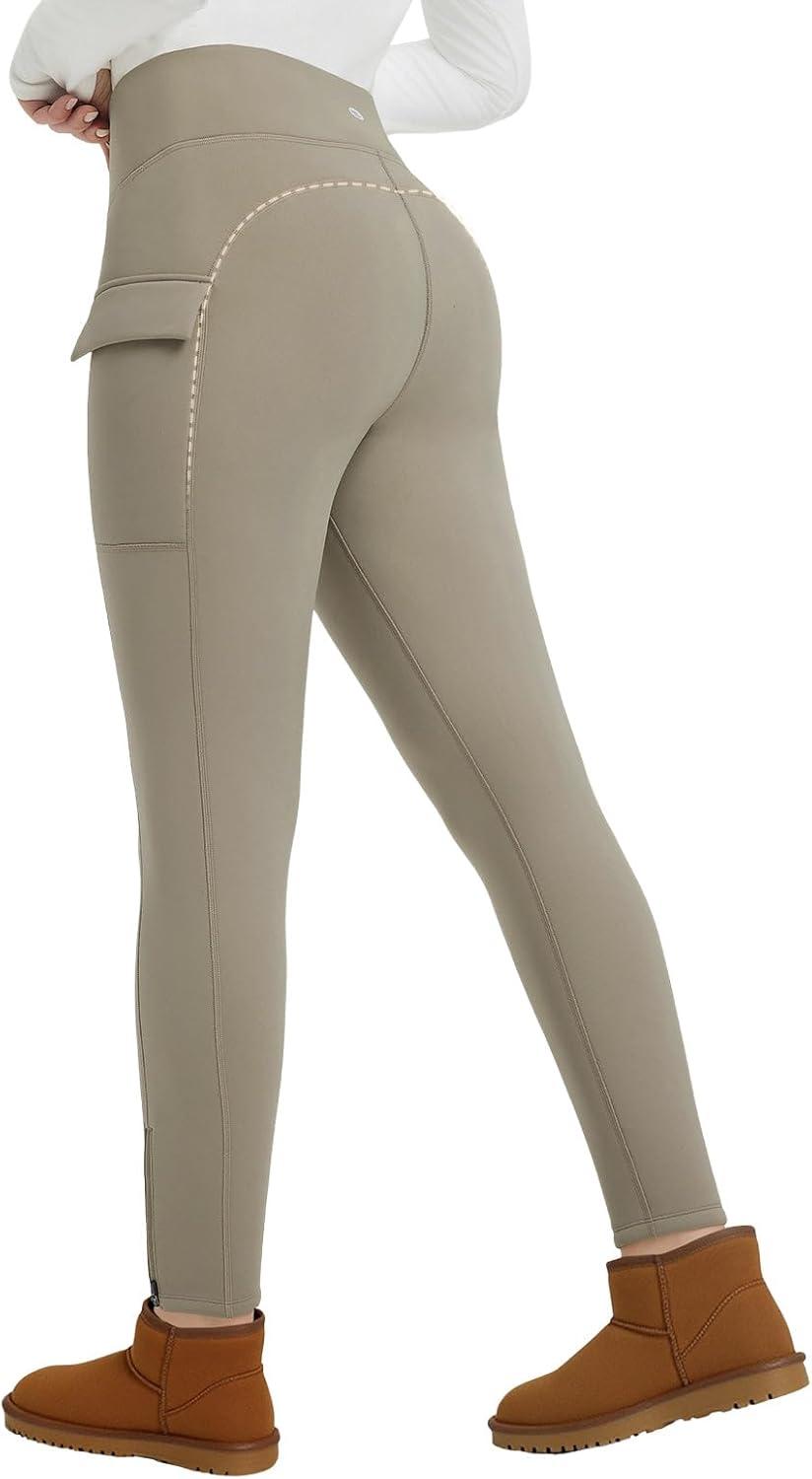 imagebaleaf Womens Thick Fleece Lined Leggings Winter Snow Pants Warm Thermal High Waisted Ski LeggingKhaki