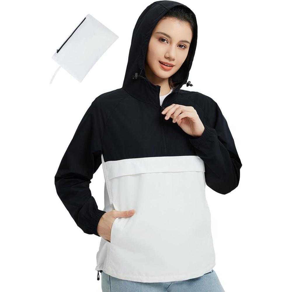 imagebaleaf Womens Rain Jackets Waterproof Lightweight Packable Windbreaker Hooded 14 Zip Raincoats for OutdoorWhiteblack