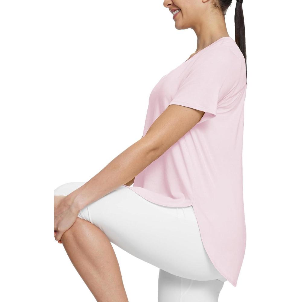 imagebaleaf Womens Short Sleeve Workout Shirts Tops Athletic Yoga Running Shirts Loose Fit with Side Slits Quick Dry TShirtsLight Pink