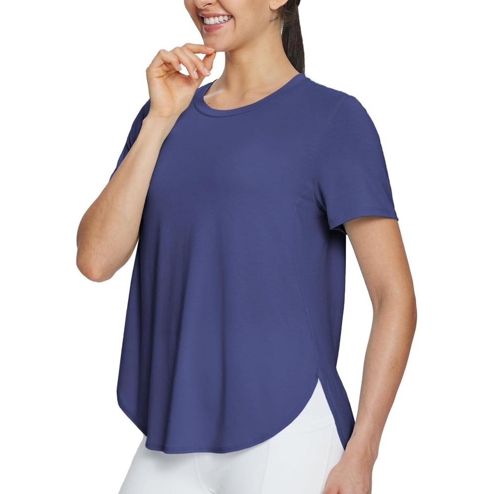 imagebaleaf Womens Short Sleeve Workout Shirts Tops Athletic Yoga Running Shirts Loose Fit with Side Slits Quick Dry TShirtsNavy Blue