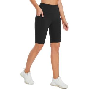 imagebaleaf Womens 10quot 12quot Long Biker Yoga Compression Shorts High Waist Knee Length Spandex Workout Shorts with Pockets SoftBlack