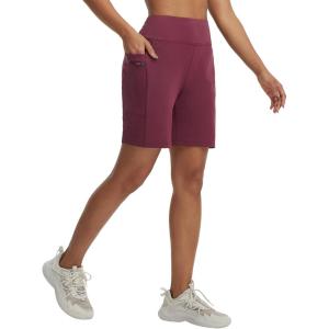 imagebaleaf Womens 7quot Athletic Running Shorts Bermuda Long Shorts High Waisted with Zipper Pockets Workout Gym Hiking ShortsWine Red