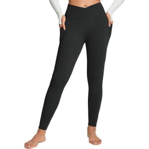 imagebaleaf Womens Crossover Fleece Lined Leggings with Pockets Thermal Warm Winter Tights Crossover High Waisted Yoga PantsBlack