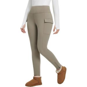 imagebaleaf Womens Thick Fleece Lined Leggings Winter Snow Pants Warm Thermal High Waisted Ski LeggingKhaki