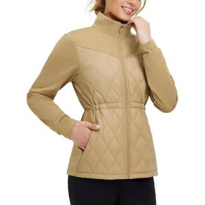 image:imagebaleaf Womens Quilted Jackets Golf Winter Lightweight Warm Stand Collar Water Resistant Puffer Jacket 4 PocketsBrown