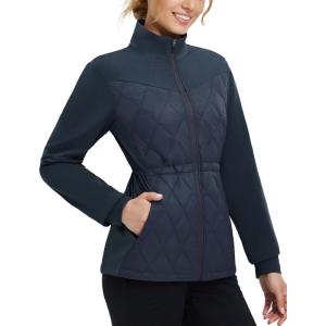 image:imagebaleaf Womens Quilted Jackets Golf Winter Lightweight Warm Stand Collar Water Resistant Puffer Jacket 4 PocketsNavy Blue