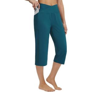 image:imagebaleaf Capri Pants for Women Yoga with Pockets 18 Cropped Pants V Cross Waistband Workout Straight Leg Leggings SummerBlue