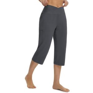 image:imagebaleaf Capri Pants for Women Yoga with Pockets 18 Cropped Pants V Cross Waistband Workout Straight Leg Leggings SummerDark Gray