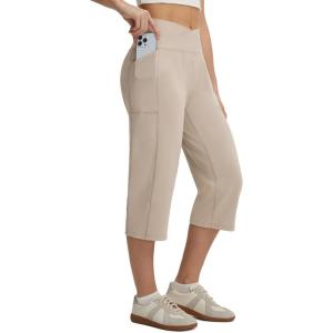 image:imagebaleaf Capri Pants for Women Yoga with Pockets 18 Cropped Pants V Cross Waistband Workout Straight Leg Leggings SummerKhaki