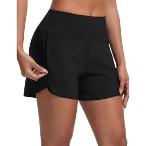 image:imagebaleaf Womens 4 High Waisted Swim Board Shorts Quick Dry UPF50 with Zipper PocketsBlack