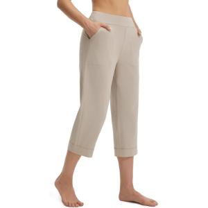 image:imagebaleaf Womens Capri Pants High Waisted Straight Leg Yoga Capris Leggings with Pockets Crop Workout 21 Summer PantsKhaki