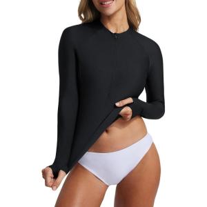 image:imagebaleaf Half Zip UPF50 Rash Guard for Women Long Sleeve Sun Protection Swim Shirts Quick Dry Swimsuits Top with Thumb HoleBlack