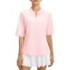 image:imagebaleaf Womens Golf Shirts Half Sleeve Elbow Length Sleeves Polo Tops Workout Athletic Collared Quarter Zip V Neck UPFLight Pink