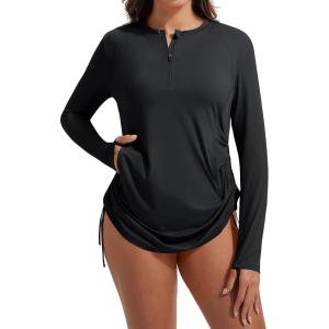 image:imagebaleaf Rash Guard for Women Long Sleeve Swim Shirt UPF 50 Swimsuits Top for Women with Kangaroo PocketBlack