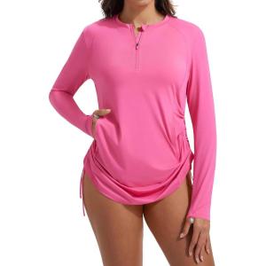 image:imagebaleaf Rash Guard for Women Long Sleeve Swim Shirt UPF 50 Swimsuits Top for Women with Kangaroo PocketPink