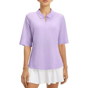 image:imagebaleaf Womens Golf Shirts Half Sleeve Elbow Length Sleeves Polo Tops Workout Athletic Collared Quarter Zip V Neck UPFLight Purple