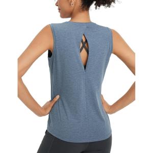 image:imagebaleaf Womens Workout Tank Tops Open Back Yoga Top High Neck Sleeveless Shirts Running Loose Fit Athletic GymHeather Blue