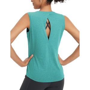 image:imagebaleaf Womens Workout Tank Tops Open Back Yoga Top High Neck Sleeveless Shirts Running Loose Fit Athletic GymHeather Green