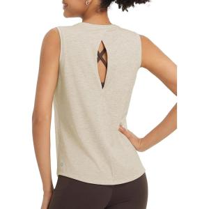 image:imagebaleaf Womens Workout Tank Tops Open Back Yoga Top High Neck Sleeveless Shirts Running Loose Fit Athletic GymHeather Khaki