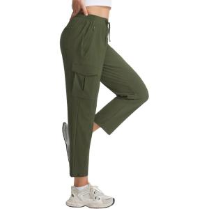 image:imagebaleaf Womens 26 Travel Pants with Zipper Pockets Petite Ankle Slacks Lightweight Stretch Quick Dry Cargo Summer CoolArmy Green