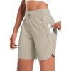 image:imagebaleaf Womens 7 Athletic Long Running Shorts Workout Gym Quick Dry Hiking Shorts High Waisted Zipper PocketKhaki