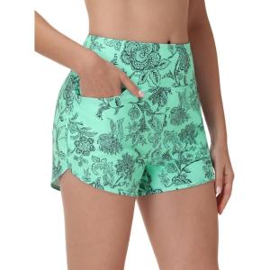 image:imageBALEAF Womens 3 Swim Board Shorts High Waisted Bathing Suit Bottoms for Swimming with Liner Pockets UPF 50Green Floral