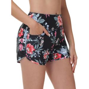 image:imageBALEAF Womens 3 Swim Board Shorts High Waisted Bathing Suit Bottoms for Swimming with Liner Pockets UPF 50Red Floral