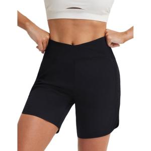 image:imagebaleaf 7 Womens Running Shorts Athletic Quick Dry Shorts Crossover High Waisted Workout Hiking Zipper Pockets UPF50Black