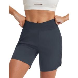 image:imagebaleaf 7 Womens Running Shorts Athletic Quick Dry Shorts Crossover High Waisted Workout Hiking Zipper Pockets UPF50Dark Gray