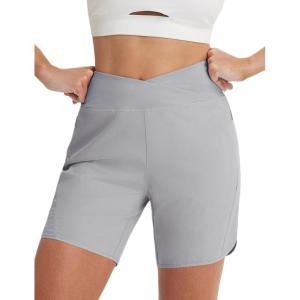 image:imagebaleaf 7 Womens Running Shorts Athletic Quick Dry Shorts Crossover High Waisted Workout Hiking Zipper Pockets UPF50Gray
