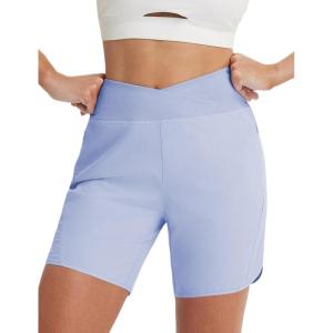 image:imagebaleaf 7 Womens Running Shorts Athletic Quick Dry Shorts Crossover High Waisted Workout Hiking Zipper Pockets UPF50Light Blue