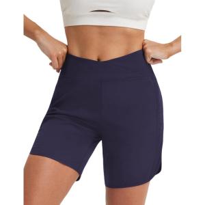 image:imagebaleaf 7 Womens Running Shorts Athletic Quick Dry Shorts Crossover High Waisted Workout Hiking Zipper Pockets UPF50Navy Blue