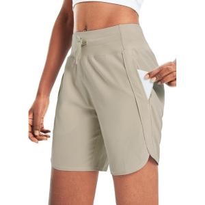 image:imagebaleaf Womens 7 Athletic Long Running Shorts Workout Gym Quick Dry Hiking Shorts High Waisted Zipper PocketKhaki