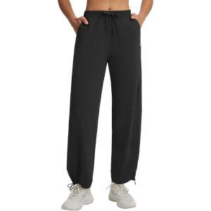 image:imagebaleaf Womens Barrel Pants with Pockets Drawstring Athletic Quick Dry Adjustable Cuff Wide Leg Tapered Fit Casual SweatpantsBlack