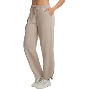 image:imagebaleaf Womens Barrel Pants with Pockets Drawstring Athletic Quick Dry Adjustable Cuff Wide Leg Tapered Fit Casual SweatpantsKhaki