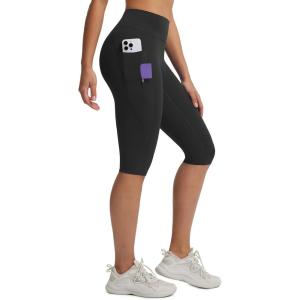 image:imagebaleaf Womens Knee Length Capri Leggings with 3 Pockets Yoga Capri Pants High Waisted Summer Casual WokroutBlack