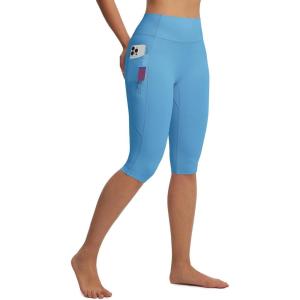 image:imagebaleaf Womens Knee Length Capri Leggings with 3 Pockets Yoga Capri Pants High Waisted Summer Casual WokroutBlue