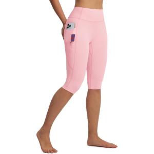 image:imagebaleaf Womens Knee Length Capri Leggings with 3 Pockets Yoga Capri Pants High Waisted Summer Casual WokroutLight Pink