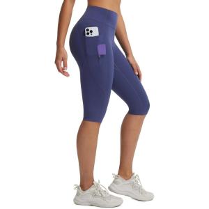 image:imagebaleaf Womens Knee Length Capri Leggings with 3 Pockets Yoga Capri Pants High Waisted Summer Casual WokroutNavy Blue