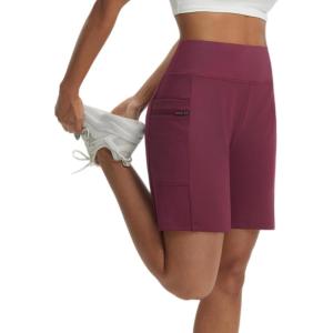 image:imagebaleaf Womens 7 Bermuda Shorts Athletic Running Long Shorts High Waisted with Zipper Pockets Workout Gym Hiking ShortsWine Red
