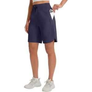 image:imagebaleaf Womens 9 Bermuda Knee Length Athletic Running Long Shorts with Pockets Quick Dry Shorts High Waisted UPF 50Navy Blue