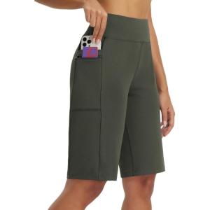 image:imagebaleaf Womens Bermuda Shorts 12 Long Knee Length Running Athletic High Waist Zipper Pocket Quick Dry Loose FitArmy Green