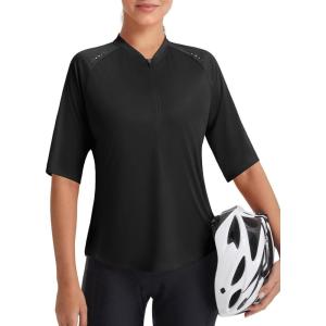 image:imagebaleaf Womens Cycling Jersey Half Sleeve Bike Shirts Quick Dry Half Zip Biking Tops UPF 50 Pockets Workout Runing HikingBlack