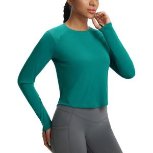 image:imagebaleaf Womens UPF 50 Long Sleeve Sun Shirts Crop Rash Guard UV Workout Tops SPF Slim Fit Lightweight Athletic HikingGreen
