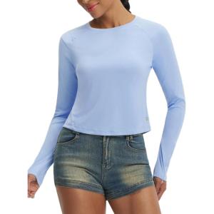 image:imagebaleaf Womens UPF 50 Long Sleeve Sun Shirts Crop Rash Guard UV Workout Tops SPF Slim Fit Lightweight Athletic HikingLight Blue